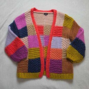 S Saachi x Anthropologie chunky rainbow colorblock knit cardigan granny sweater